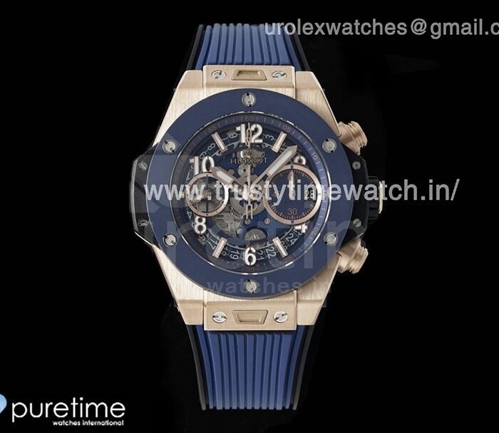 Big Bang Unico 42mm RG BBF 1:1 Best Edition Skeleton Dial Blue Ceramic Bezel on Blue Rubber Strap A1280 V2