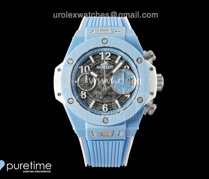 Big Bang Unico Sky Blue Ceramic BBF 1:1 Best Edition Skeleton Dial on Blue/White Rubber Strap A1280