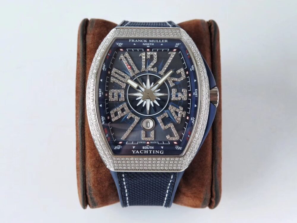 Vanguard V45 SS Full Diamonds Blue Textured Diamonds Markers on Blue Gummy Strap A2813