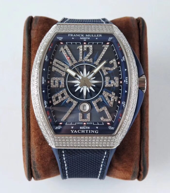 Vanguard V45 SS Full Diamonds Blue Textured Diamonds Markers on Blue Gummy Strap A2813