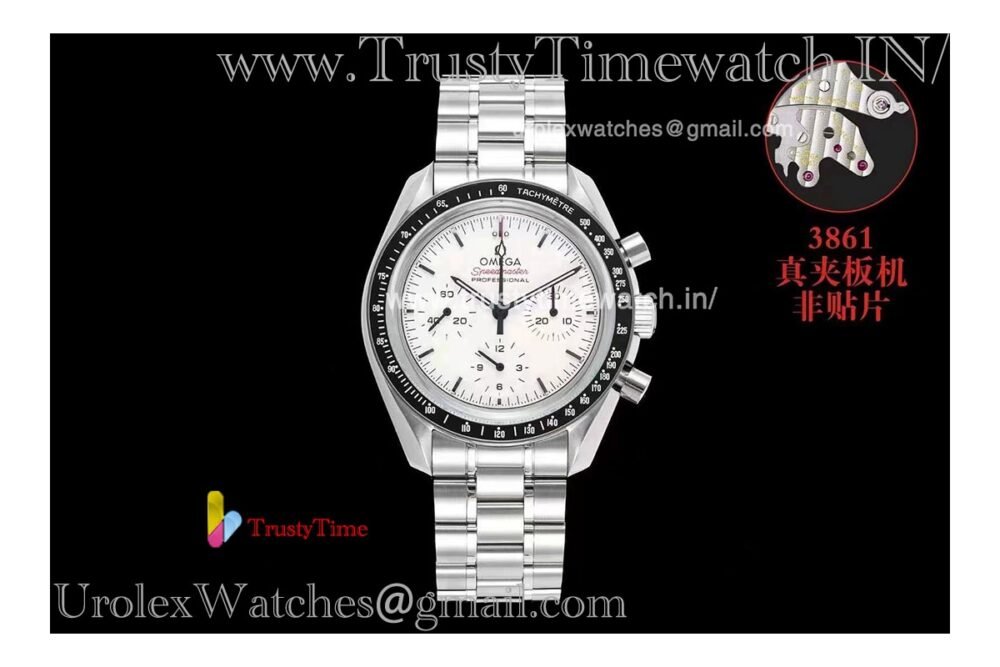 Speedmaster series moon disc 42 mm black ceramic bezel white dial stainless steel strap 3861 movement