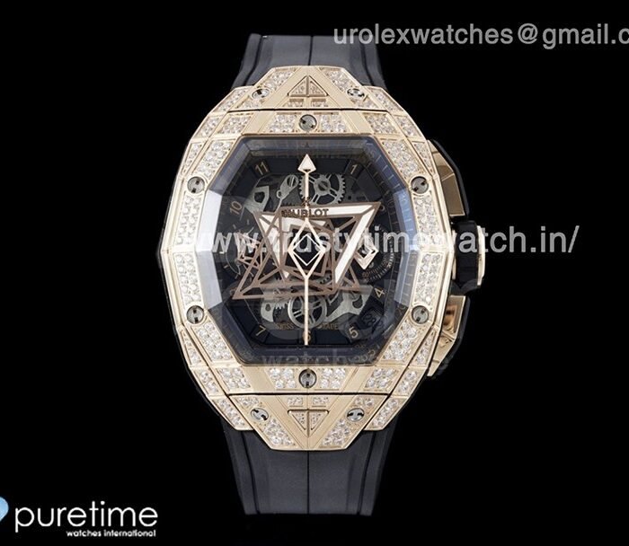 Spirit of Big Bang Sang Bleu RG Full Diamonds BLSF Edition Skeleton Dial on Black Rubber Strap A7750