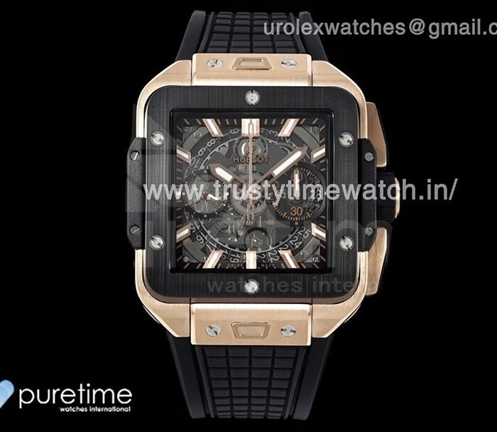 Square Bang Unico 42mm RG BBF 1:1 Best Edition Skeleton Dial Ceramic Bezel on Black Rubber Strap A1280
