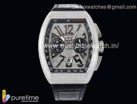 Vanguard Chrono SS ABF 1:1 Best Edition Black Dial Full Diamonds on Black Leather Strap A7750