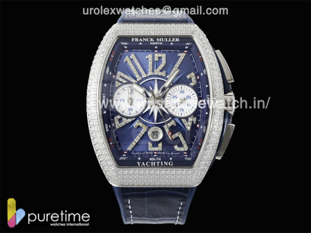 Vanguard Chrono SS Diamonds ABF 1:1 Best Edition Blue Textured Dial on Blue Leather Strap A7750
