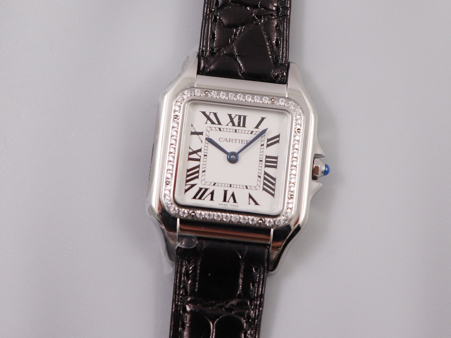 Panthère Secrete Ladies 27mm SS 8848F 1:1 Best Edition White Dial Diamonds Bezel on Black Croco Strap Ronda Quartz