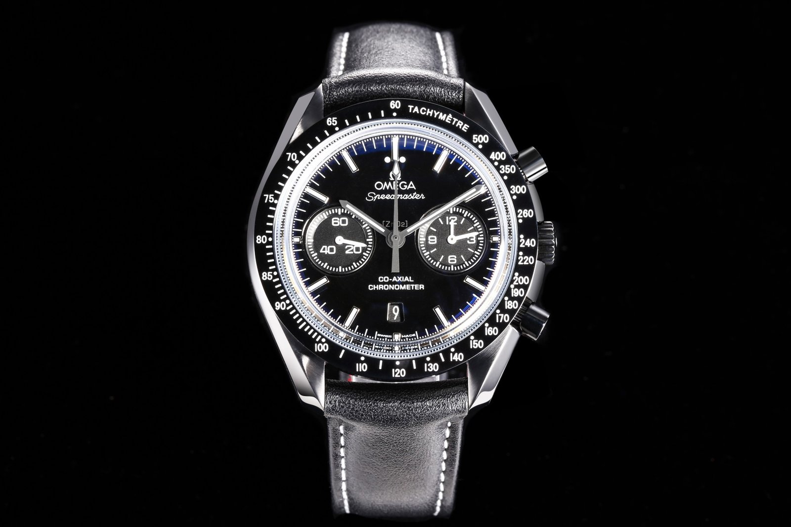 Speedmaster "Dark Side of The Moon" Real Ceramic N1F 1:1 Best Edition Black Dial on Black Leather Strap A9300