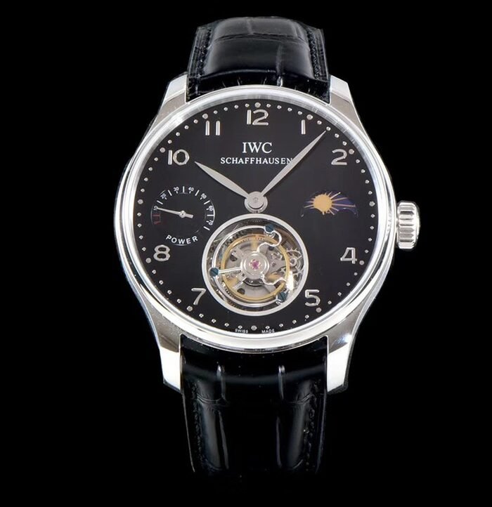 Portuguese Tourbillon SS AXF Gray Dial Sliver Numbers moonphase on Black Leather Strap