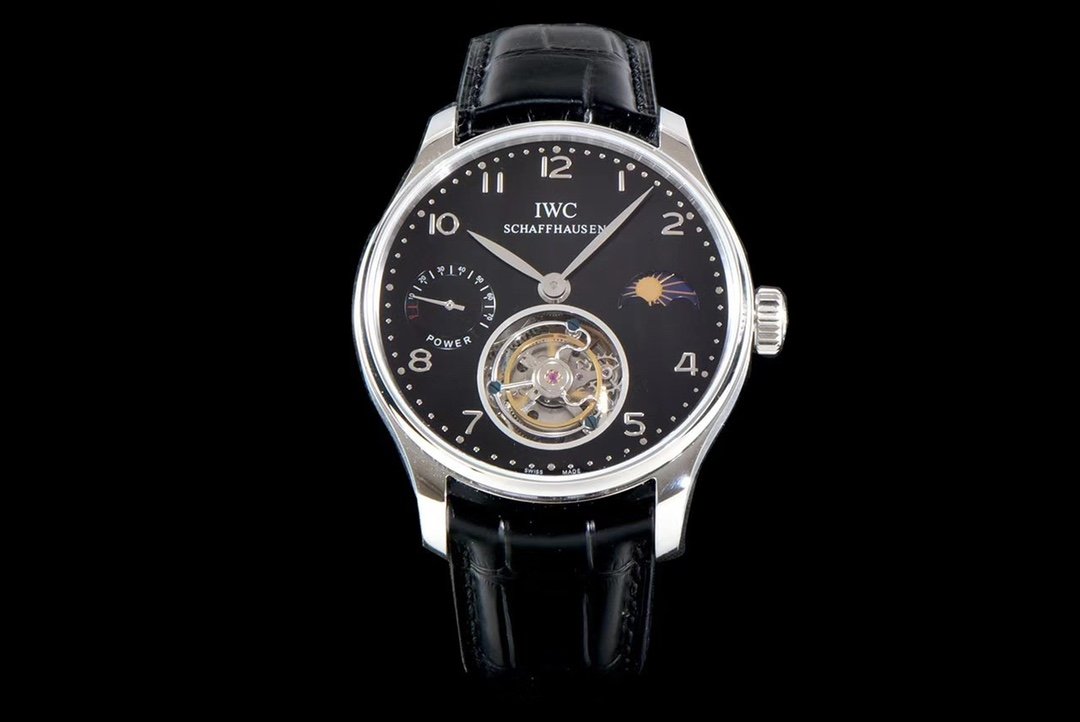 Portuguese Tourbillon SS AXF Gray Dial Sliver Numbers moonphase on Black Leather Strap