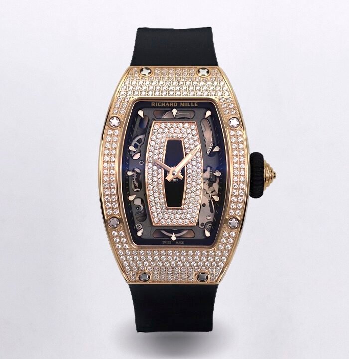 RM07 Paved Snowflake Cut Diamonds RG ZF Best Edition Black MOP Diamond Skeleton Dial On Black Rubber Strap Asian CRMA2 Clone