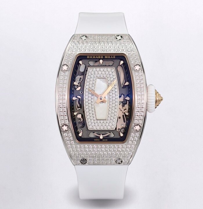 RM07 Paved Snowflake Cut Diamonds SS ZF Best Edition White MOP Diamond Skeleton Dial On White Rubber Strap Asian CRMA2 Clone