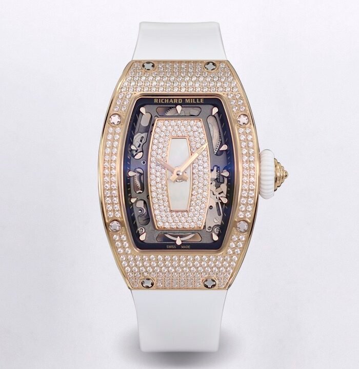 RM07 Full Paved Diamond RG ZF Best Edition White Diamond Skeleton Dial On White Rubber Strap Asian CRMA2 Clone