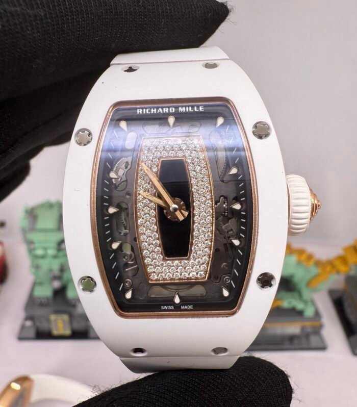 RM07 Real White Ceramic RG ZF Best Edition Black MOP Diamond Skeleton Dial On White Rubber Strap Asian CRMA2 Clone