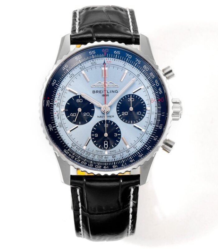 Navitimer B01 43mm SS BLSF 1:1 Best Edition Ice Blue Dial Black Subdials On Black Leather Strap A7750