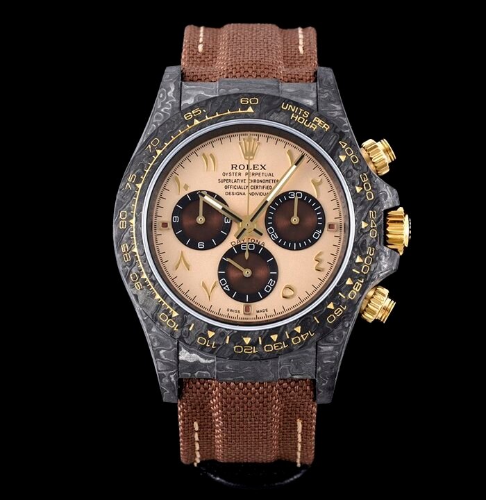 Daytona DIW Carbon DIWF Best Edition Gold Dial Arabic Markers on Brown Nylon Strap A7750