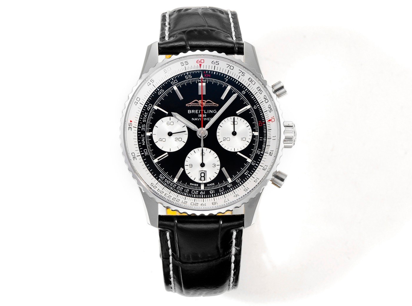 Navitimer B01 43mm SS BLSF 1:1 Best Edition Black Dial Silver Subdials On Black Leather Strap A7750