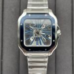Santos Skeleton SS/Blue PVD Bezel RICH 1:1 Best Edition Skeleton Blue Dial On SS SmartLink Bracelet 9611MC Super Clone (Free Leather Strap)
