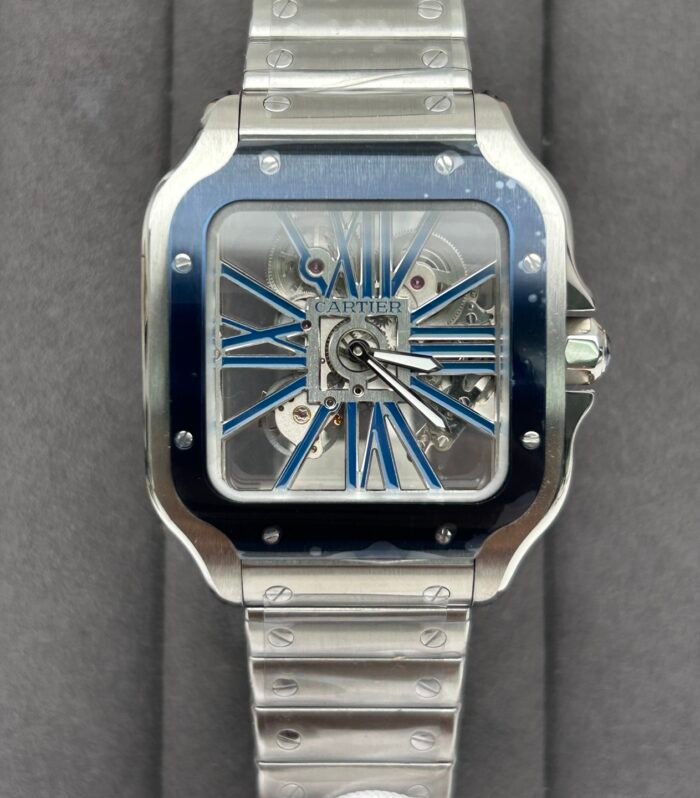Santos Skeleton SS/Blue PVD Bezel RICH 1:1 Best Edition Skeleton Blue Dial On SS SmartLink Bracelet 9611MC Super Clone (Free Leather Strap)
