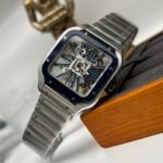 Santos Skeleton SS/Blue PVD Bezel RICH 1:1 Best Edition Skeleton Blue Dial On SS SmartLink Bracelet 9611MC Super Clone (Free Leather Strap) - Image 4