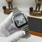 Santos Skeleton SS/Blue PVD Bezel RICH 1:1 Best Edition Skeleton Blue Dial On SS SmartLink Bracelet 9611MC Super Clone (Free Leather Strap) - Image 3